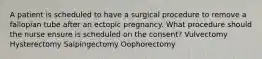 A patient is scheduled to have a surgical procedure to remove a fallopian tube after an ectopic pregnancy. What procedure should the nurse ensure is scheduled on the consent? Vulvectomy Hysterectomy Salpingectomy Oophorectomy