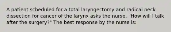 A patient scheduled for a total laryngectomy and radical neck dissection for cancer of the larynx asks the nurse, "How will I talk after the surgery?" The best response by the nurse is: