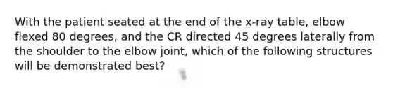 With the patient seated at the end of the x-ray table, elbow flexed 80 degrees, and the CR directed 45 degrees laterally from the shoulder to the elbow joint, which of the following structures will be demonstrated best?