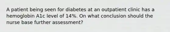 A patient being seen for diabetes at an outpatient clinic has a hemoglobin A1c level of 14%. On what conclusion should the nurse base further assessment?