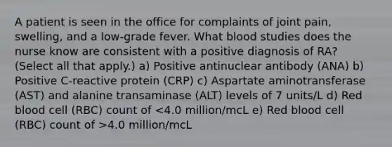 A patient is seen in the office for complaints of joint pain, swelling, and a low-grade fever. What blood studies does the nurse know are consistent with a positive diagnosis of RA? (Select all that apply.) a) Positive antinuclear antibody (ANA) b) Positive C-reactive protein (CRP) c) Aspartate aminotransferase (AST) and alanine transaminase (ALT) levels of 7 units/L d) Red blood cell (RBC) count of 4.0 million/mcL