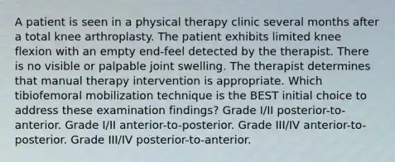 A patient is seen in a physical therapy clinic several months after a total knee arthroplasty. The patient exhibits limited knee flexion with an empty end-feel detected by the therapist. There is no visible or palpable joint swelling. The therapist determines that manual therapy intervention is appropriate. Which tibiofemoral mobilization technique is the BEST initial choice to address these examination findings? Grade I/II posterior-to-anterior. Grade I/II anterior-to-posterior. Grade III/IV anterior-to-posterior. Grade III/IV posterior-to-anterior.