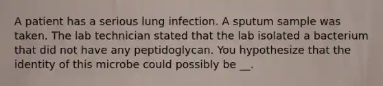 A patient has a serious lung infection. A sputum sample was taken. The lab technician stated that the lab isolated a bacterium that did not have any peptidoglycan. You hypothesize that the identity of this microbe could possibly be __.