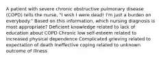 A patient with severe chronic obstructive pulmonary disease (COPD) tells the nurse, "I wish I were dead! I'm just a burden on everybody." Based on this information, which nursing diagnosis is most appropriate? Deficient knowledge related to lack of education about COPD Chronic low self-esteem related to increased physical dependence Complicated grieving related to expectation of death Ineffective coping related to unknown outcome of illness