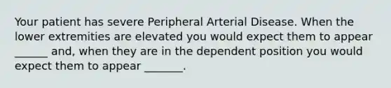 Your patient has severe Peripheral Arterial Disease. When the lower extremities are elevated you would expect them to appear ______ and, when they are in the dependent position you would expect them to appear _______.