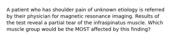 A patient who has shoulder pain of unknown etiology is referred by their physician for magnetic resonance imaging. Results of the test reveal a partial tear of the infraspinatus muscle. Which muscle group would be the MOST affected by this finding?