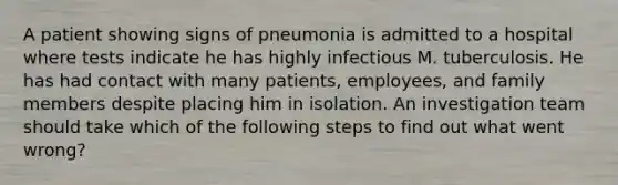 A patient showing signs of pneumonia is admitted to a hospital where tests indicate he has highly infectious M. tuberculosis. He has had contact with many patients, employees, and family members despite placing him in isolation. An investigation team should take which of the following steps to find out what went wrong?