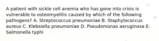 A patient with sickle cell anemia who has gone into crisis is vulnerable to osteomyelitis caused by which of the following pathogens? A. Streptococcus pneumoniae B. Staphylococcus aureus C. Klebsiella pneumoniae D. Pseudomonas aeruginosa E. Salmonella typhi