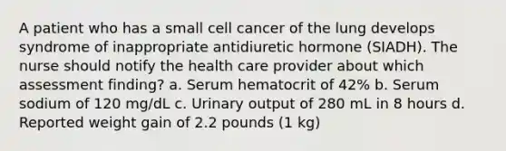 A patient who has a small cell cancer of the lung develops syndrome of inappropriate antidiuretic hormone (SIADH). The nurse should notify the health care provider about which assessment finding? a. Serum hematocrit of 42% b. Serum sodium of 120 mg/dL c. Urinary output of 280 mL in 8 hours d. Reported weight gain of 2.2 pounds (1 kg)