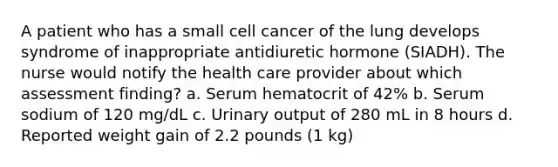 A patient who has a small cell cancer of the lung develops syndrome of inappropriate antidiuretic hormone (SIADH). The nurse would notify the health care provider about which assessment finding? a. Serum hematocrit of 42% b. Serum sodium of 120 mg/dL c. Urinary output of 280 mL in 8 hours d. Reported weight gain of 2.2 pounds (1 kg)