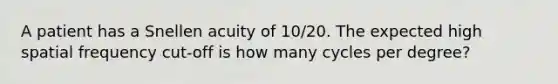 A patient has a Snellen acuity of 10/20. The expected high spatial frequency cut-off is how many cycles per degree?