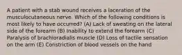 A patient with a stab wound receives a laceration of the musculocutaneous nerve. Which of the following conditions is most likely to have occurred? (A) Lack of sweating on the lateral side of the forearm (B) Inability to extend the forearm (C) Paralysis of brachioradialis muscle (D) Loss of tactile sensation on the arm (E) Constriction of blood vessels on the hand