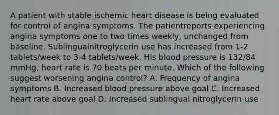 A patient with stable ischemic heart disease is being evaluated for control of angina symptoms. The patientreports experiencing angina symptoms one to two times weekly, unchanged from baseline. Sublingualnitroglycerin use has increased from 1-2 tablets/week to 3-4 tablets/week. His blood pressure is 132/84 mmHg, heart rate is 70 beats per minute. Which of the following suggest worsening angina control? A. Frequency of angina symptoms B. Increased blood pressure above goal C. Increased heart rate above goal D. Increased sublingual nitroglycerin use