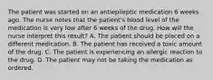 The patient was started on an antiepileptic medication 6 weeks ago. The nurse notes that the patient's blood level of the medication is very low after 6 weeks of the drug. How will the nurse interpret this result? A. The patient should be placed on a different medication. B. The patient has received a toxic amount of the drug. C. The patient is experiencing an allergic reaction to the drug. D. The patient may not be taking the medication as ordered.