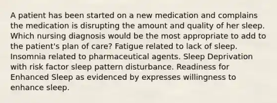 A patient has been started on a new medication and complains the medication is disrupting the amount and quality of her sleep. Which nursing diagnosis would be the most appropriate to add to the patient's plan of care? Fatigue related to lack of sleep. Insomnia related to pharmaceutical agents. Sleep Deprivation with risk factor sleep pattern disturbance. Readiness for Enhanced Sleep as evidenced by expresses willingness to enhance sleep.