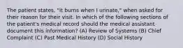 The patient states, "it burns when I urinate," when asked for their reason for their visit. In which of the following sections of the patient's medical record should the medical assistant document this information? (A) Review of Systems (B) Chief Complaint (C) Past Medical History (D) Social History