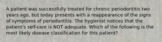 A patient was successfully treated for chronic periodontitis two years ago, but today presents with a reappearance of the signs of symptoms of periodontitis. The hygienist notices that the patient's self-care is NOT adequate. Which of the following is the most likely disease classification for this patient?