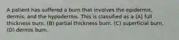 A patient has suffered a burn that involves the epidermis, dermis, and the hypodermis. This is classified as a (A) full thickness burn. (B) partial thickness burn. (C) superficial burn. (D) dermis burn.