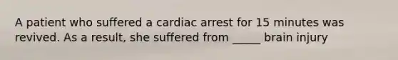 A patient who suffered a cardiac arrest for 15 minutes was revived. As a result, she suffered from _____ brain injury