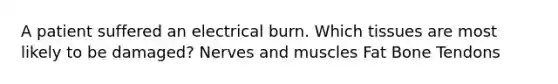 A patient suffered an electrical burn. Which tissues are most likely to be damaged? Nerves and muscles Fat Bone Tendons