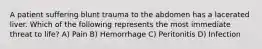 A patient suffering blunt trauma to the abdomen has a lacerated liver. Which of the following represents the most immediate threat to life? A) Pain B) Hemorrhage C) Peritonitis D) Infection