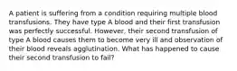 A patient is suffering from a condition requiring multiple blood transfusions. They have type A blood and their first transfusion was perfectly successful. However, their second transfusion of type A blood causes them to become very ill and observation of their blood reveals agglutination. What has happened to cause their second transfusion to fail?