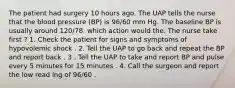 The patient had surgery 10 hours ago. The UAP tells the nurse that the blood pressure (BP) is 96/60 mm Hg. The baseline BP is usually around 120/78. which action would the. The nurse take first ? 1. Check the patient for signs and symptoms of hypovolemic shock . 2. Tell the UAP to go back and repeat the BP and report back . 3 . Tell the UAP to take and report BP and pulse every 5 minutes for 15 minutes . 4. Call the surgeon and report the low read ing of 96/60 .