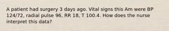 A patient had surgery 3 days ago. Vital signs this Am were BP 124/72, radial pulse 96, RR 18, T 100.4. How does the nurse interpret this data?