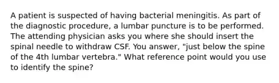 A patient is suspected of having bacterial meningitis. As part of the diagnostic procedure, a lumbar puncture is to be performed. The attending physician asks you where she should insert the spinal needle to withdraw CSF. You answer, "just below the spine of the 4th lumbar vertebra." What reference point would you use to identify the spine?