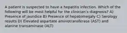 A patient is suspected to have a hepatitis infection. Which of the following will be most helpful for the clinician's diagnosis? A) Presence of jaundice B) Presence of hepatomegaly C) Serology results D) Elevated aspartate aminotransferase (AST) and alanine transaminase (ALT)