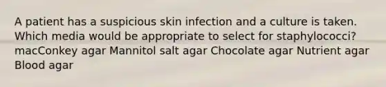 A patient has a suspicious skin infection and a culture is taken. Which media would be appropriate to select for staphylococci? macConkey agar Mannitol salt agar Chocolate agar Nutrient agar Blood agar