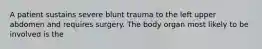 A patient sustains severe blunt trauma to the left upper abdomen and requires surgery. The body organ most likely to be involved is the