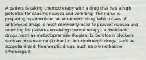 A patient is taking chemotherapy with a drug that has a high potential for causing nausea and vomiting. The nurse is preparing to administer an antiemetic drug. Which class of antiemetic drugs is most commonly used to prevent nausea and vomiting for patients receiving chemotherapy? a. Prokinetic drugs, such as metoclopramide (Reglan) b. Serotonin blockers, such as ondansetron (Zofran) c. Anticholinergic drugs, such as scopolamine d. Neuroleptic drugs, such as promethazine (Phenergan)