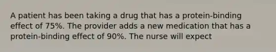 A patient has been taking a drug that has a protein-binding effect of 75%. The provider adds a new medication that has a protein-binding effect of 90%. The nurse will expect