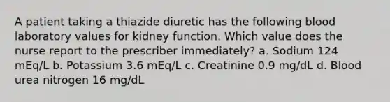 A patient taking a thiazide diuretic has the following blood laboratory values for kidney function. Which value does the nurse report to the prescriber immediately? a. Sodium 124 mEq/L b. Potassium 3.6 mEq/L c. Creatinine 0.9 mg/dL d. Blood urea nitrogen 16 mg/dL