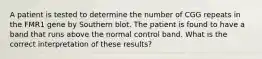 A patient is tested to determine the number of CGG repeats in the FMR1 gene by Southern blot. The patient is found to have a band that runs above the normal control band. What is the correct interpretation of these results?