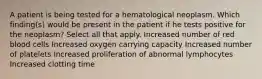 A patient is being tested for a hematological neoplasm. Which finding(s) would be present in the patient if he tests positive for the neoplasm? Select all that apply. Increased number of red blood cells Increased oxygen carrying capacity Increased number of platelets Increased proliferation of abnormal lymphocytes Increased clotting time