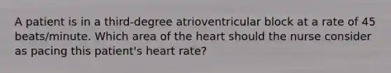 A patient is in a third-degree atrioventricular block at a rate of 45 beats/minute. Which area of the heart should the nurse consider as pacing this patient's heart rate?