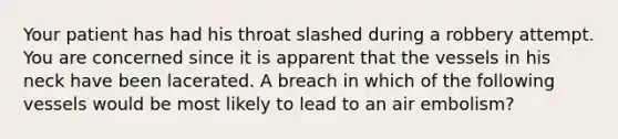 Your patient has had his throat slashed during a robbery attempt. You are concerned since it is apparent that the vessels in his neck have been lacerated. A breach in which of the following vessels would be most likely to lead to an air​ embolism?