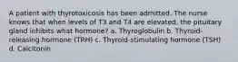 A patient with thyrotoxicosis has been admitted. The nurse knows that when levels of T3 and T4 are elevated, the pituitary gland inhibits what hormone? a. Thyroglobulin b. Thyroid-releasing hormone (TRH) c. Thyroid-stimulating hormone (TSH) d. Calcitonin