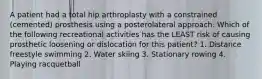 A patient had a total hip arthroplasty with a constrained (cemented) prosthesis using a posterolateral approach. Which of the following recreational activities has the LEAST risk of causing prosthetic loosening or dislocation for this patient? 1. Distance freestyle swimming 2. Water skiing 3. Stationary rowing 4. Playing racquetball