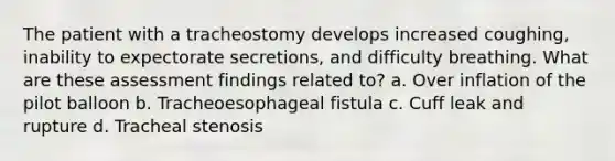 The patient with a tracheostomy develops increased coughing, inability to expectorate secretions, and difficulty breathing. What are these assessment findings related to? a. Over inflation of the pilot balloon b. Tracheoesophageal fistula c. Cuff leak and rupture d. Tracheal stenosis