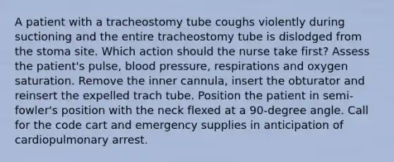 A patient with a tracheostomy tube coughs violently during suctioning and the entire tracheostomy tube is dislodged from the stoma site. Which action should the nurse take first? Assess the patient's pulse, blood pressure, respirations and oxygen saturation. Remove the inner cannula, insert the obturator and reinsert the expelled trach tube. Position the patient in semi-fowler's position with the neck flexed at a 90-degree angle. Call for the code cart and emergency supplies in anticipation of cardiopulmonary arrest.