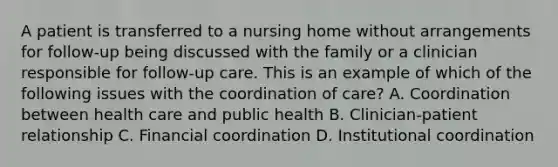 A patient is transferred to a nursing home without arrangements for follow-up being discussed with the family or a clinician responsible for follow-up care. This is an example of which of the following issues with the coordination of care? A. Coordination between health care and public health B. Clinician-patient relationship C. Financial coordination D. Institutional coordination