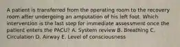 A patient is transferred from the operating room to the recovery room after undergoing an amputation of his left foot. Which intervention is the last step for immediate assessment once the patient enters the PACU? A. System review B. Breathing C. Circulation D. Airway E. Level of consciousness