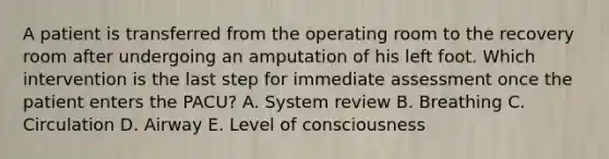 A patient is transferred from the operating room to the recovery room after undergoing an amputation of his left foot. Which intervention is the last step for immediate assessment once the patient enters the PACU? A. System review B. Breathing C. Circulation D. Airway E. Level of consciousness