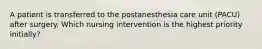 A patient is transferred to the postanesthesia care unit (PACU) after surgery. Which nursing intervention is the highest priority initially?