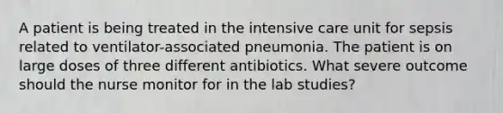 A patient is being treated in the intensive care unit for sepsis related to ventilator-associated pneumonia. The patient is on large doses of three different antibiotics. What severe outcome should the nurse monitor for in the lab studies?