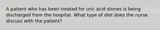 A patient who has been treated for uric acid stones is being discharged from the hospital. What type of diet does the nurse discuss with the patient?