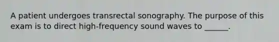 A patient undergoes transrectal sonography. The purpose of this exam is to direct high-frequency sound waves to ______.